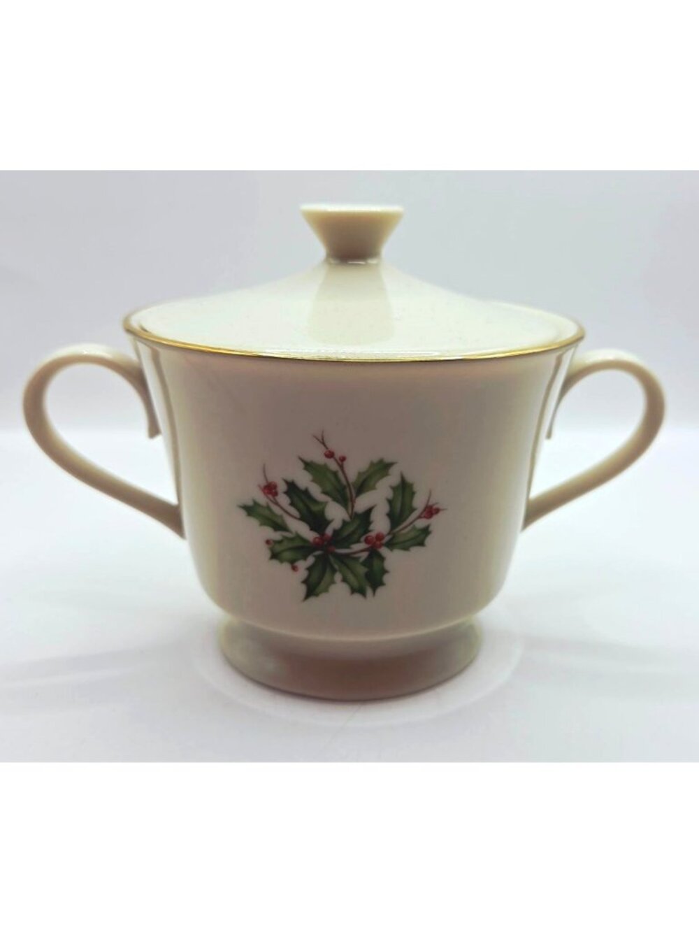 Lenox Holiday Sugar Bowl Lid Ivory Gold Trim Holly & Berry Christmas Design
